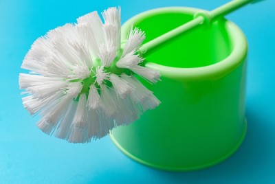 Toilet scrubbing brush balanced on top of a green plastic holder