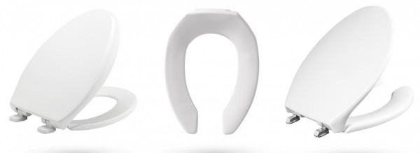 Three white Bemis commercial toilet seats