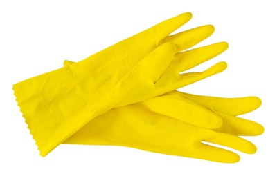 Pair of bright yellow latex gloves used for cleaning