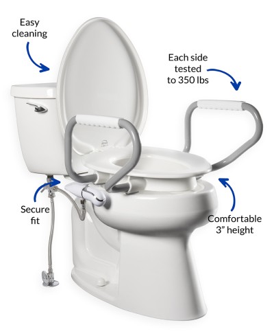 Assurance raised toilet seat with support arms and bidet attachment