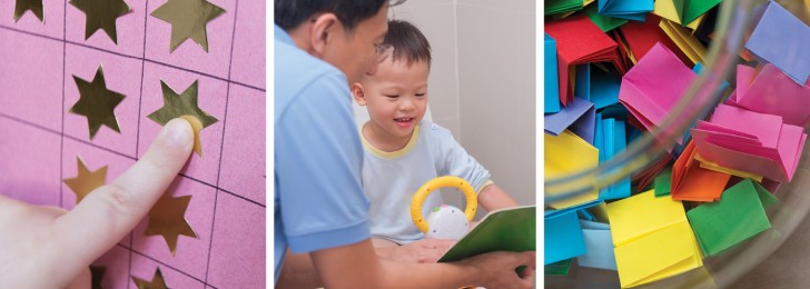 Three blocks showing gold stars, a father reading a book to a small boy, and pieces of paper in a bowl for a reward jar