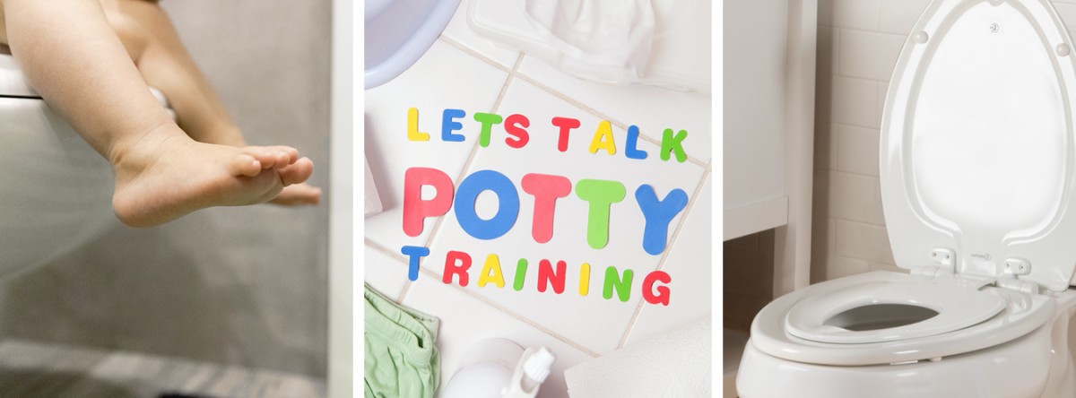 Grouping of images including feet of child on toilet, a graphic that says Let's Talk Potty Training and a NextStep 2 built-in potty seat.