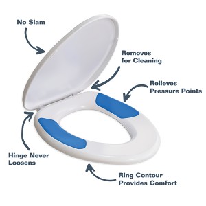 True Comfort toilet seat with lid up and words describing the product features