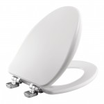 White enameled wood Bemis toilet seat with chrome hinges