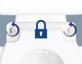 Graphic showing how the Rise toilet seat can be removed from the toilet for cleaning and locked back on again.