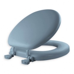 Side view of blue Bemis padded toilet seat