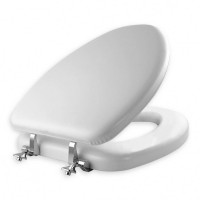 Side view of white Bemis padded toilet seat with chrome hinges