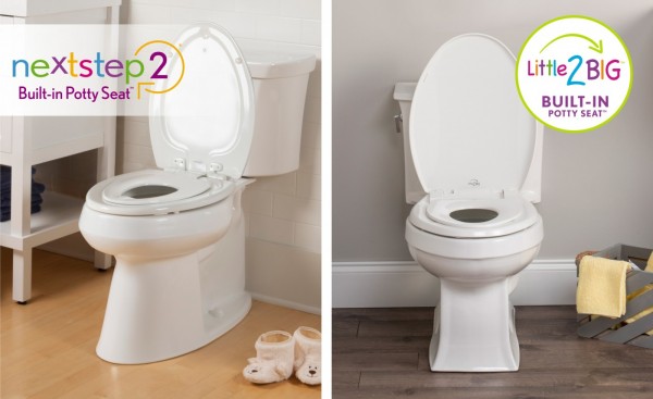 Side by side of Next Step 2 and Little 2 Big built in potty seats installed on toilets
